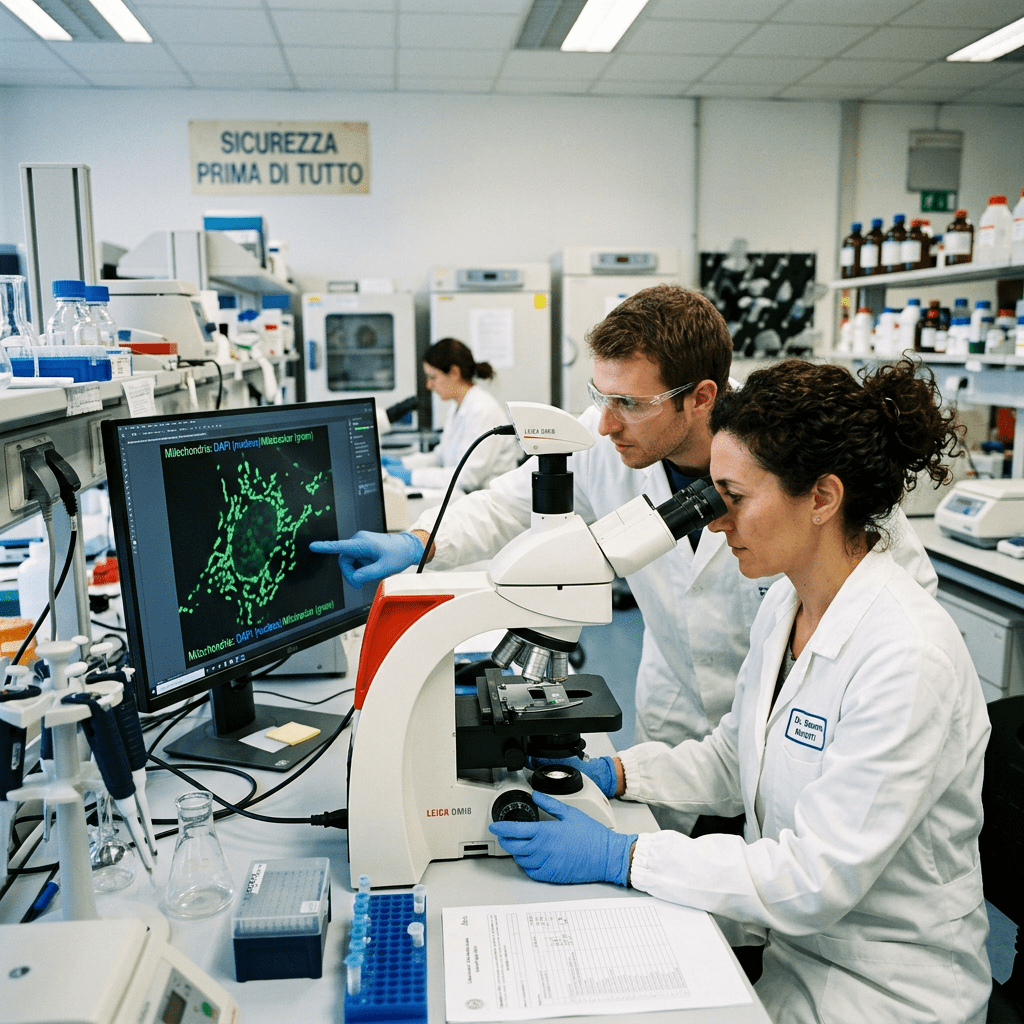 Two scientists in lab coats analyzing cellular images on a computer and microscope.
