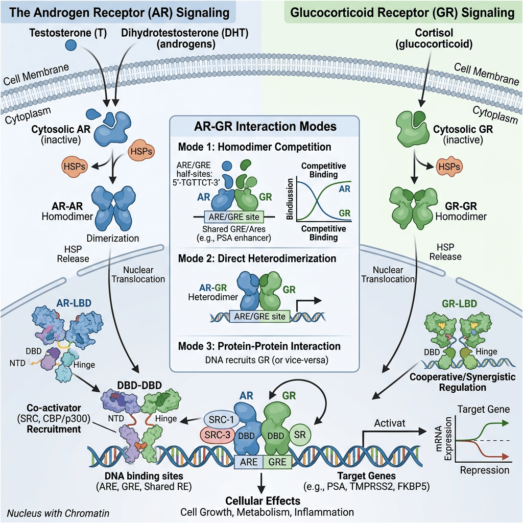 Androgen and glucocorticoid receptor interaction diagram