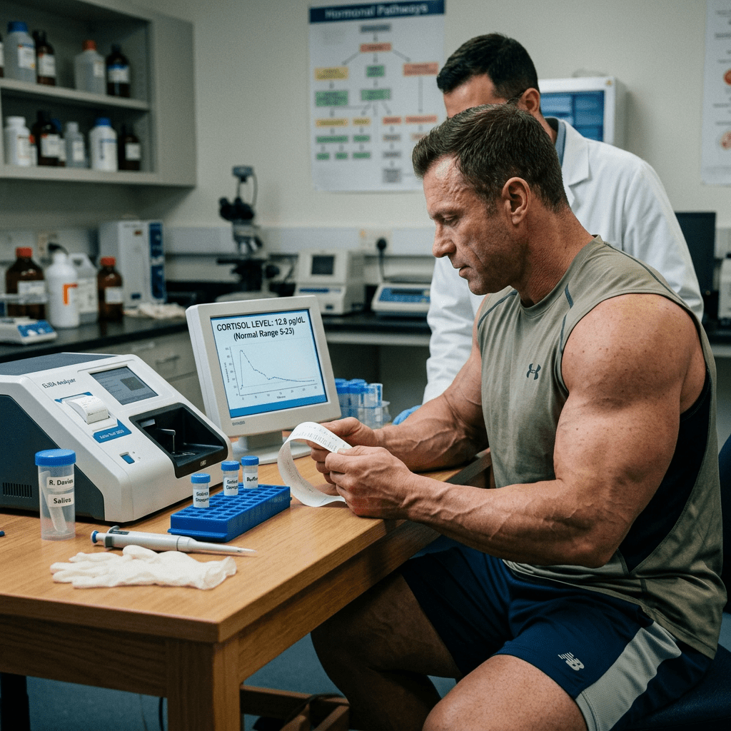 Bodybuilder monitoring cortisol levels with lab equipment