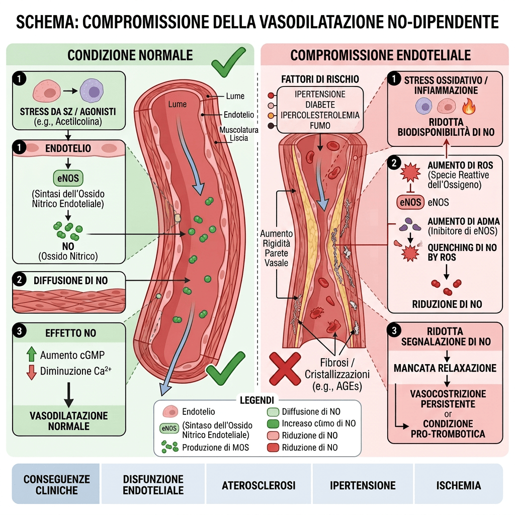 Diagram comparing normal vasodilation mechanisms with endothelial dysfunction showing nitric oxide pathways
