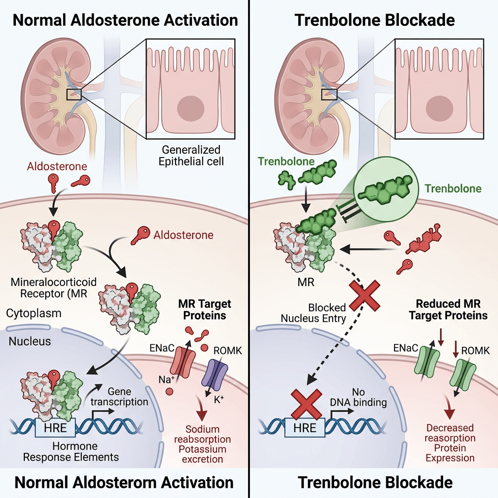 Diagram showing normal aldosterone activation versus trenbolone blockade affecting mineralocorticoid receptor and protein expression in kidney epithelial cells.