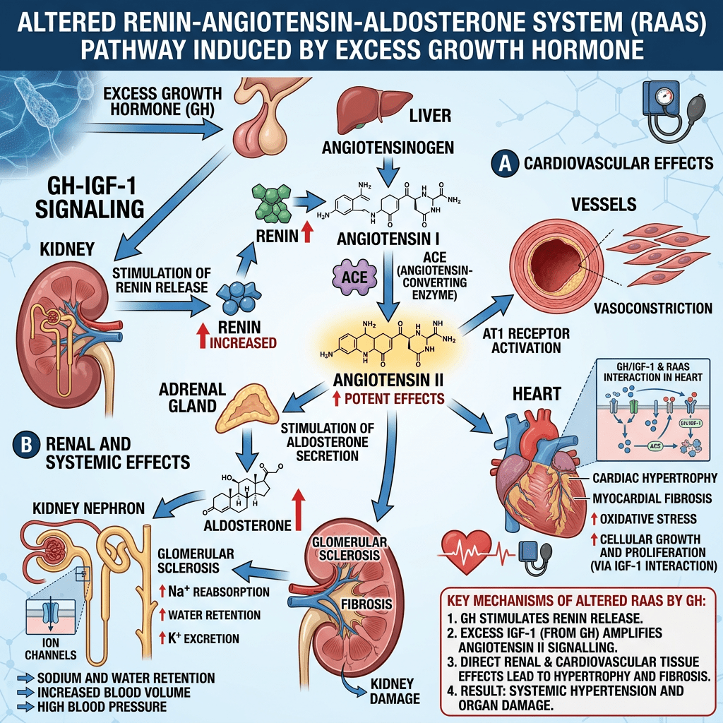 Altered RAAS pathway from growth hormone