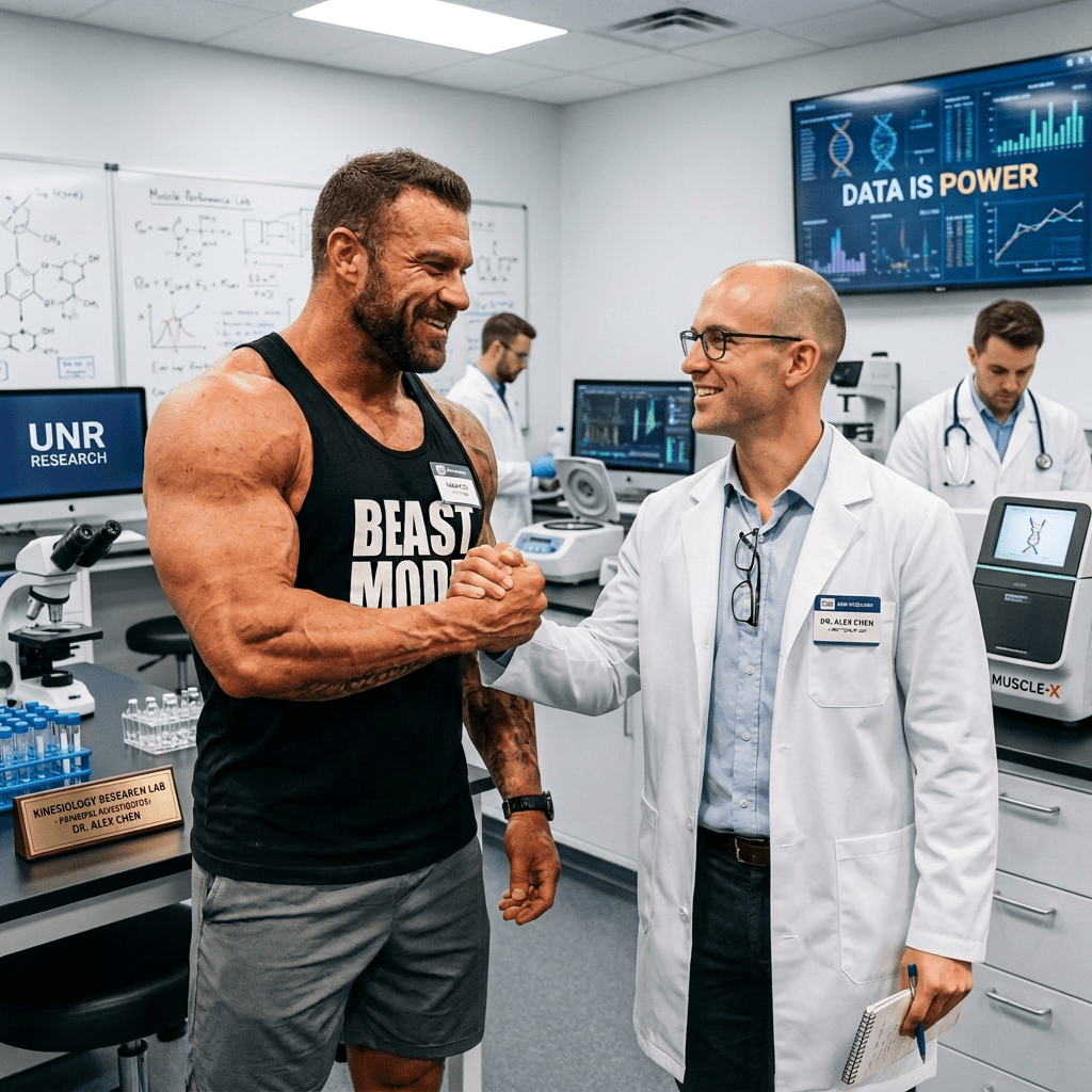 Bodybuilder wearing Beast Mode tank top shaking hands with man in blue blazer named Dr. Alex Chen at fitness expo
