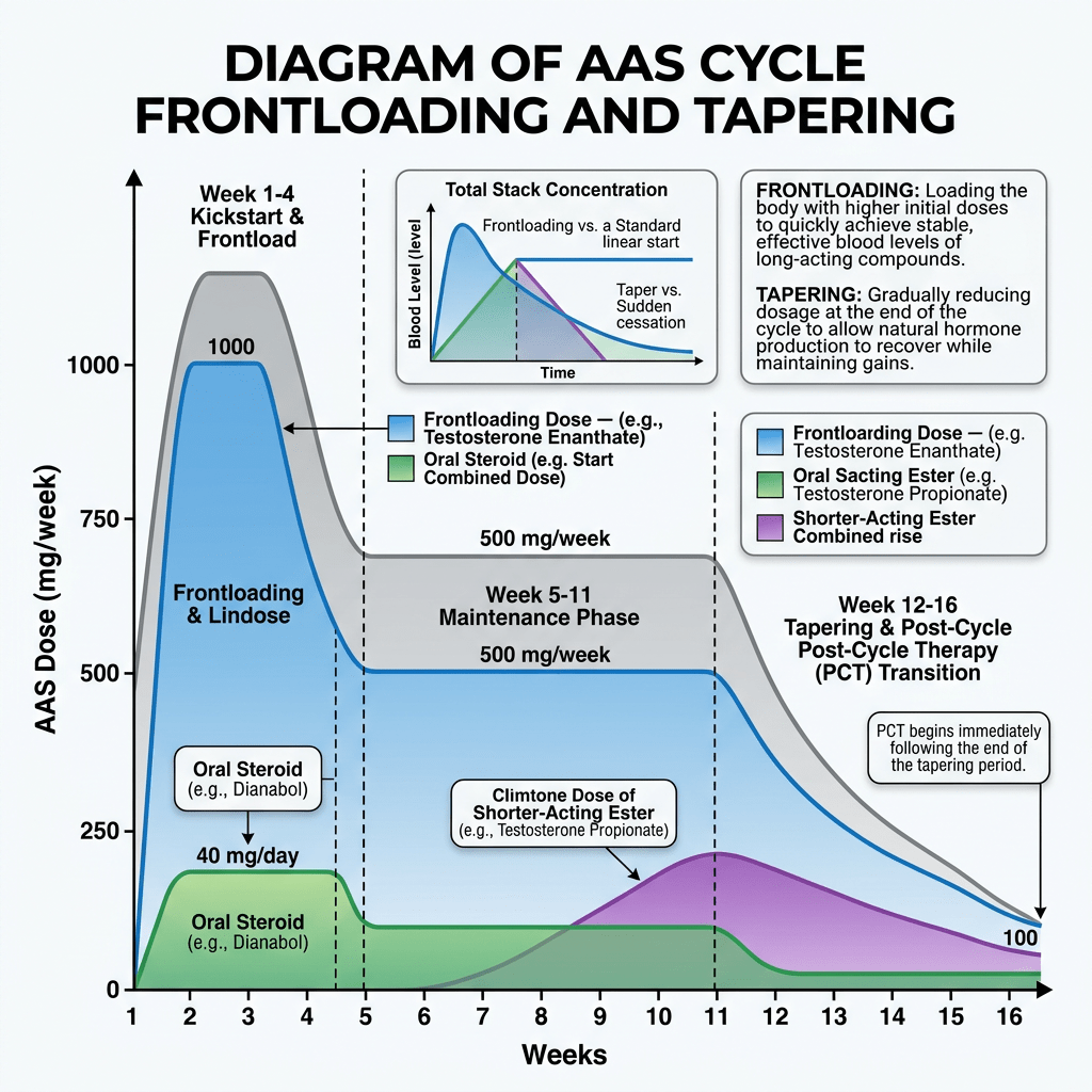 Chart depicting AAS dose per week during frontloading, maintenance, and tapering phases across 16 weeks with color-coded lines for different steroid types