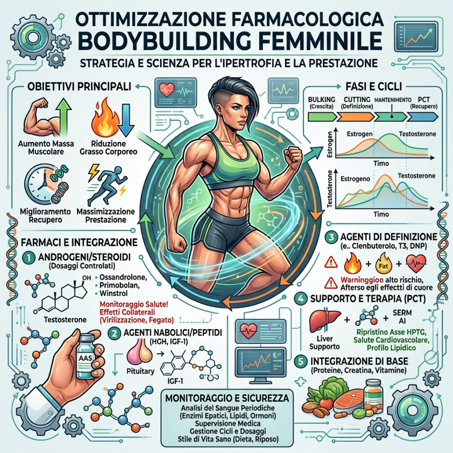 Infographic on pharmacological optimization and cycle phases for female bodybuilding with illustrations of muscle growth, fat reduction, and drug types