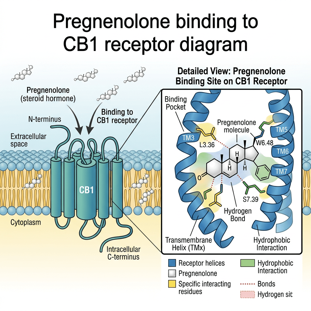 Diagram of pregnenolone binding to CB1 receptor with detailed binding site