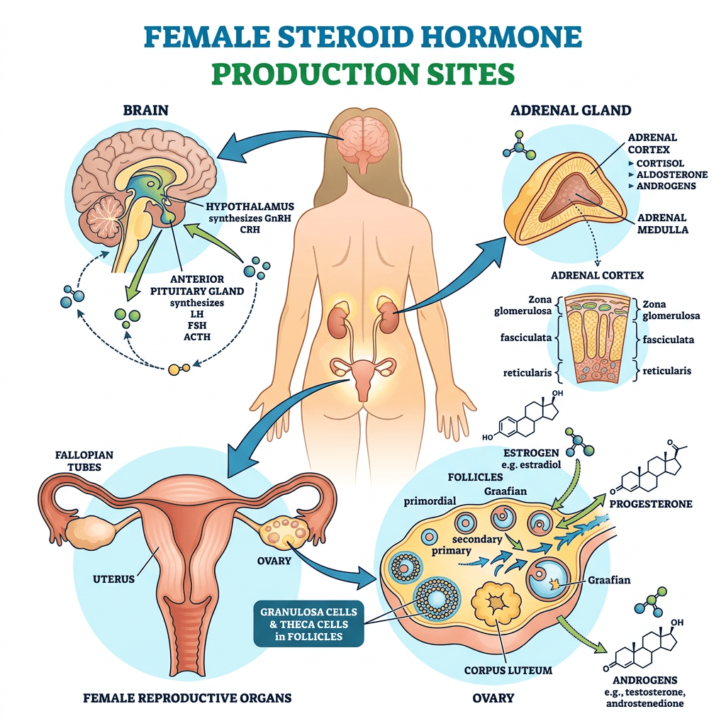 Diagram of female steroid hormone production indicating brain, adrenal gland, ovaries, and reproductive organs