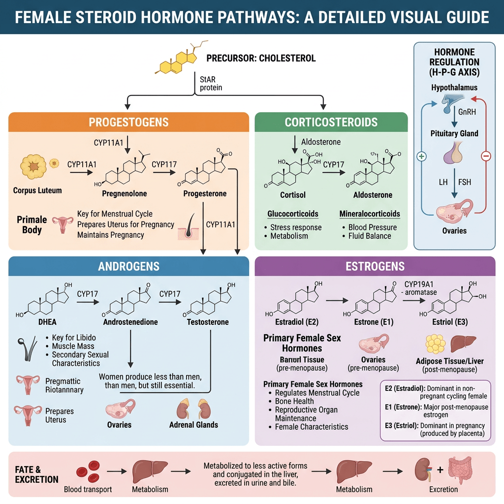 Diagram of female steroid hormone pathways including progestogens, corticosteroids, androgens, estrogens, and hormone regulation