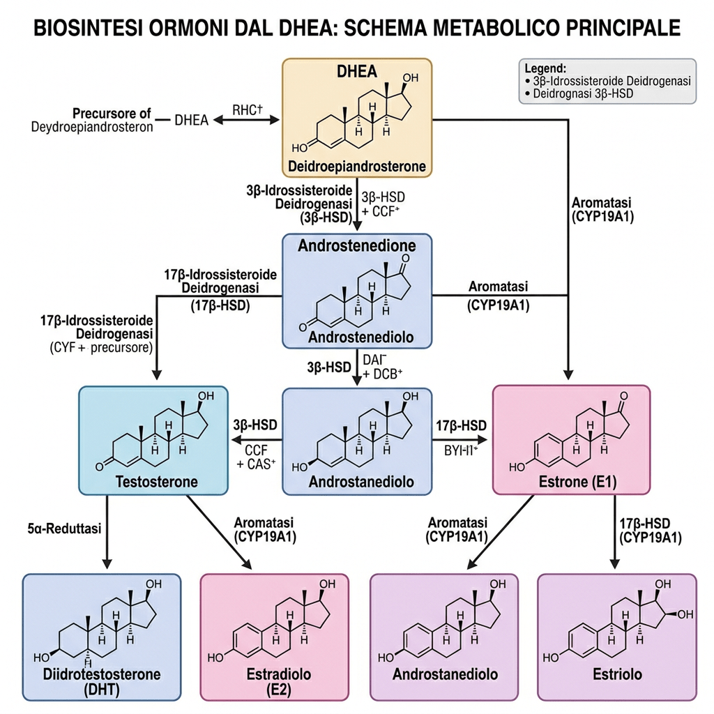 Diagram showing the main metabolic pathway converting DHEA into various steroid hormones including testosterone, estrone, estradiol, and dihydrotestosterone with associated enzymes.