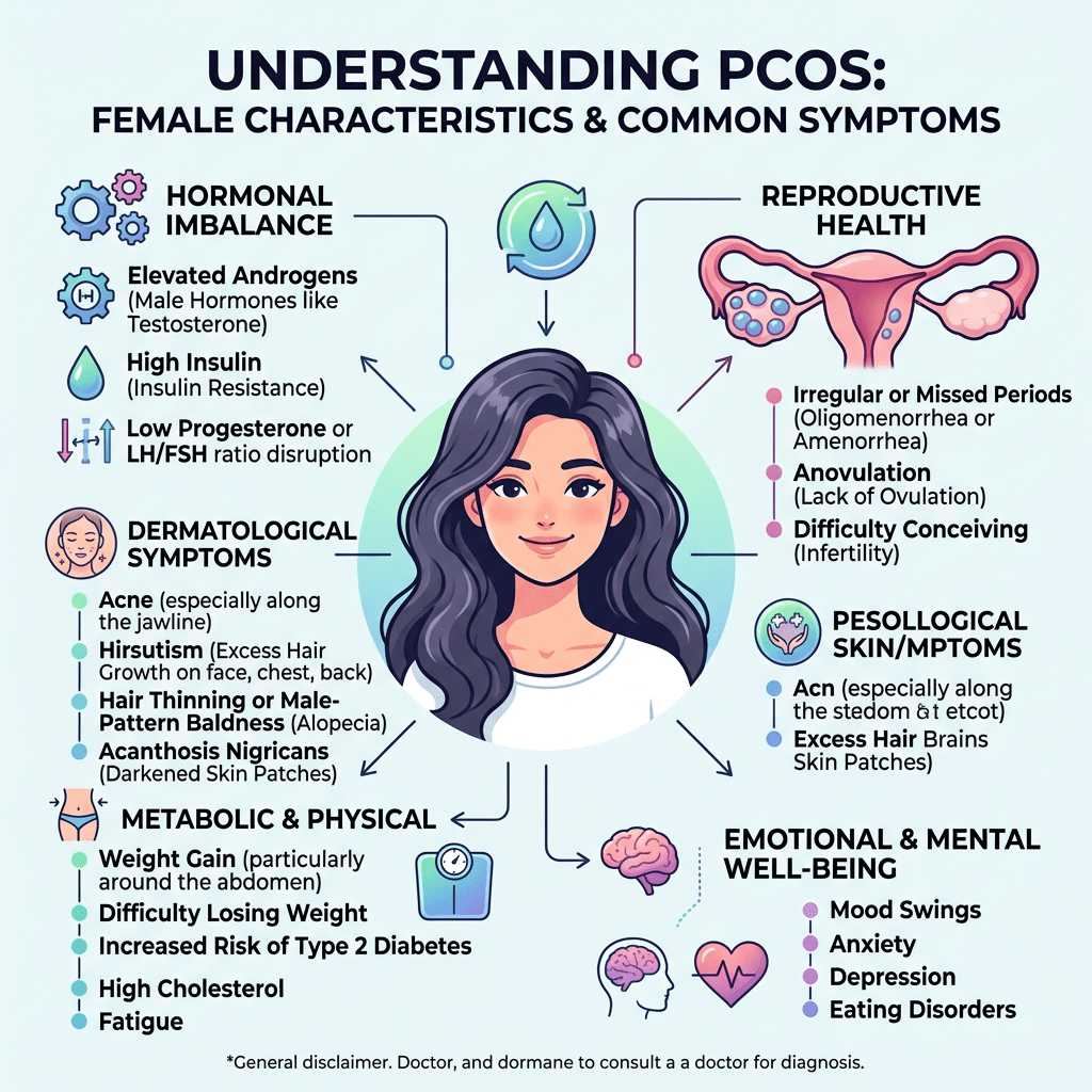 Diagram showing female characteristics and symptoms of PCOS including hormonal imbalance, dermatological symptoms, metabolic and physical effects, reproductive health issues, and emotional well-being.