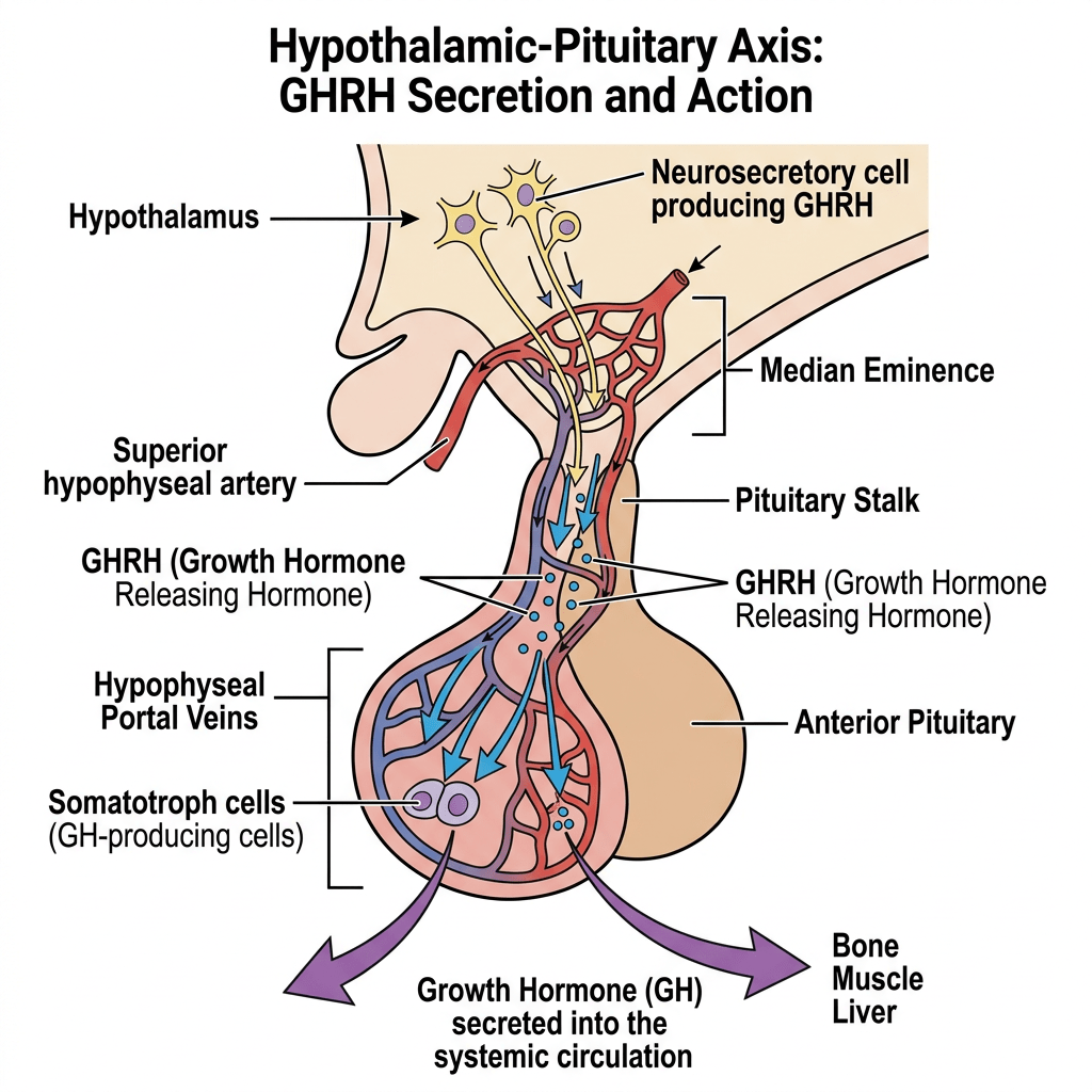 Diagram of hypothalamic-pituitary axis showing GHRH secretion and growth hormone release into circulation