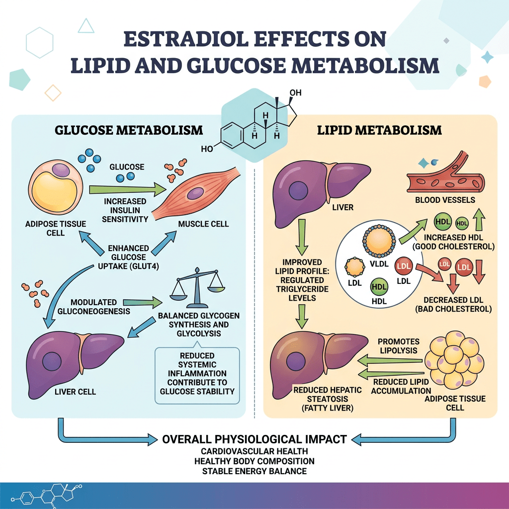 Diagram showing estradiol effects on glucose metabolism and lipid metabolism including cells and molecules involved.