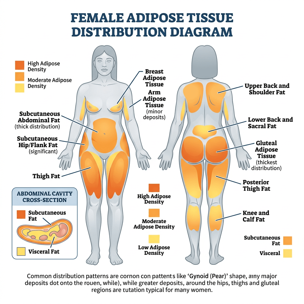 Front and back views of female body highlighting areas of high, moderate, and low adipose tissue density
