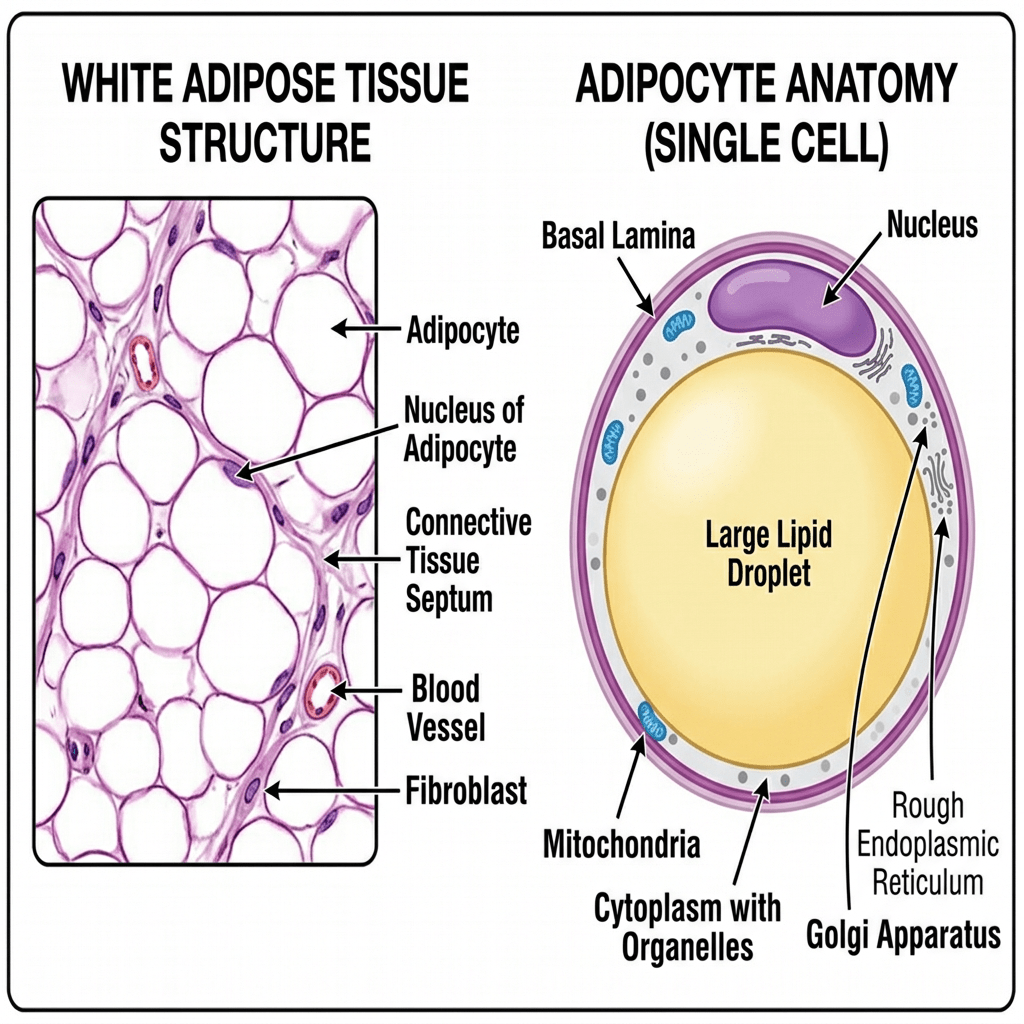 Microscopic view of white adipose tissue with labeled cells and diagram of adipocyte anatomy showing nucleus, lipid droplet, mitochondria, and organelles