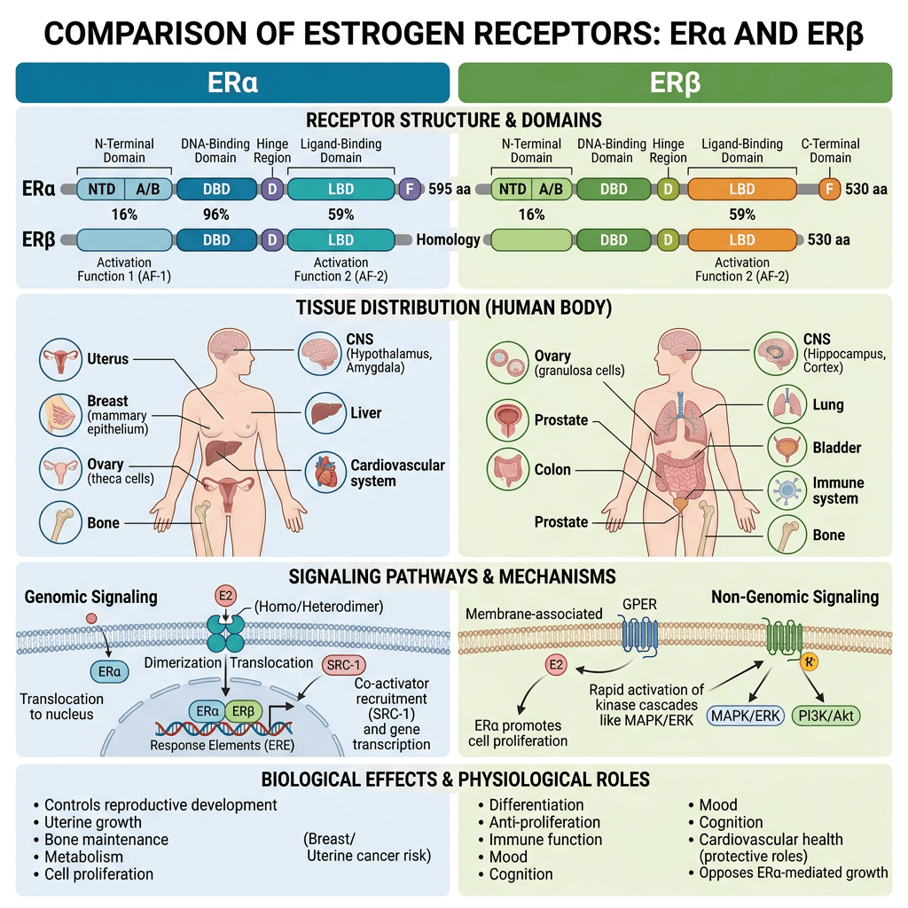 Diagram comparing estrogen receptors ERα and ERβ showing receptor domains, tissue distribution in human body, signaling pathways, and biological effects.
