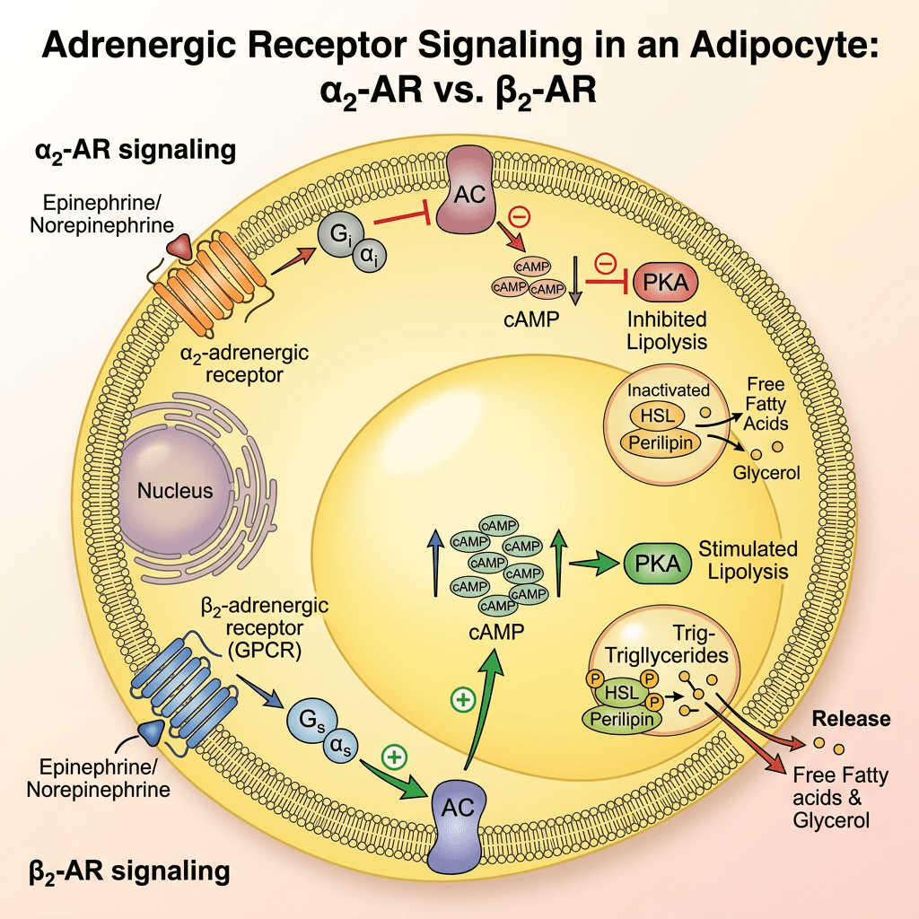 Diagram showing α2-AR inhibiting and β2-AR stimulating lipolysis in an adipocyte