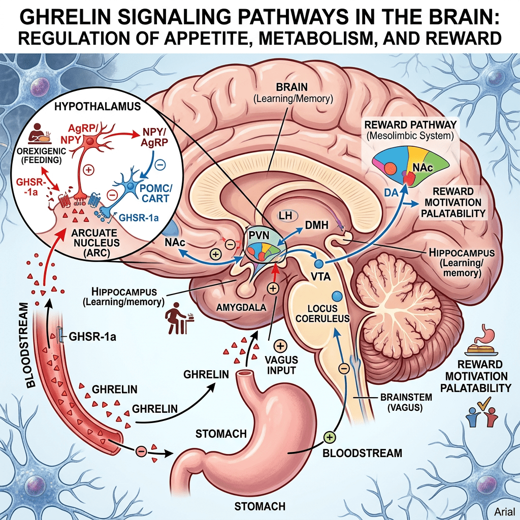 Diagram of ghrelin signaling pathways in brain regulating appetite, metabolism, and reward