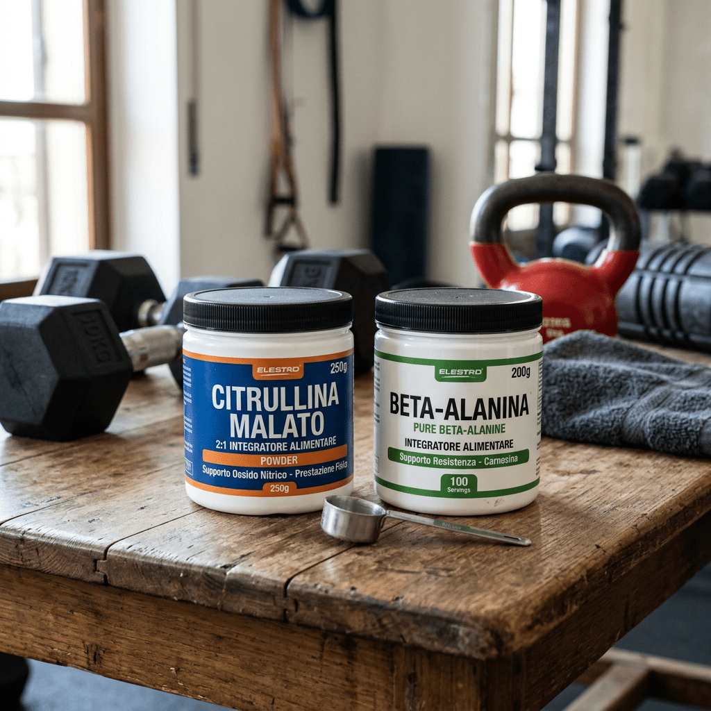 Citrulline malate and beta-alanine supplement containers beside gym equipment