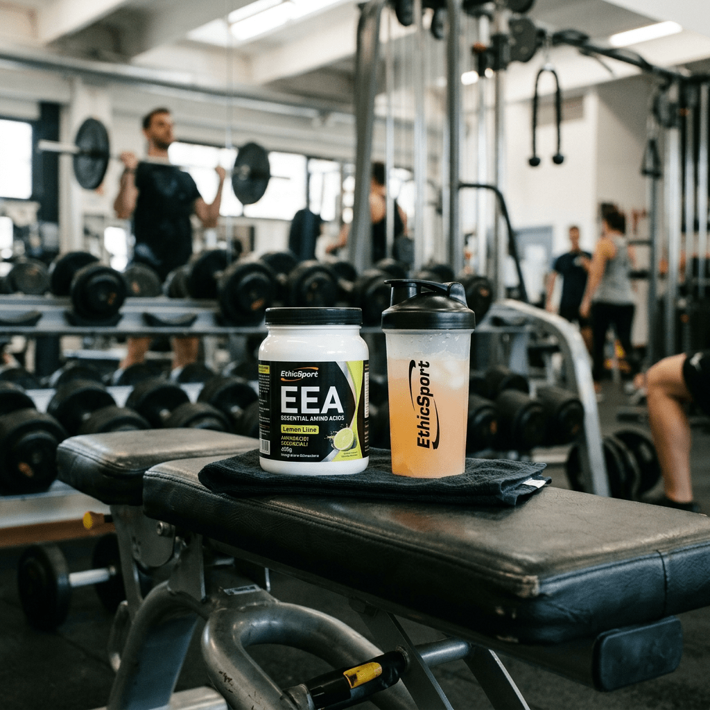 Amino acid supplement container and shaker bottle on a gym bench