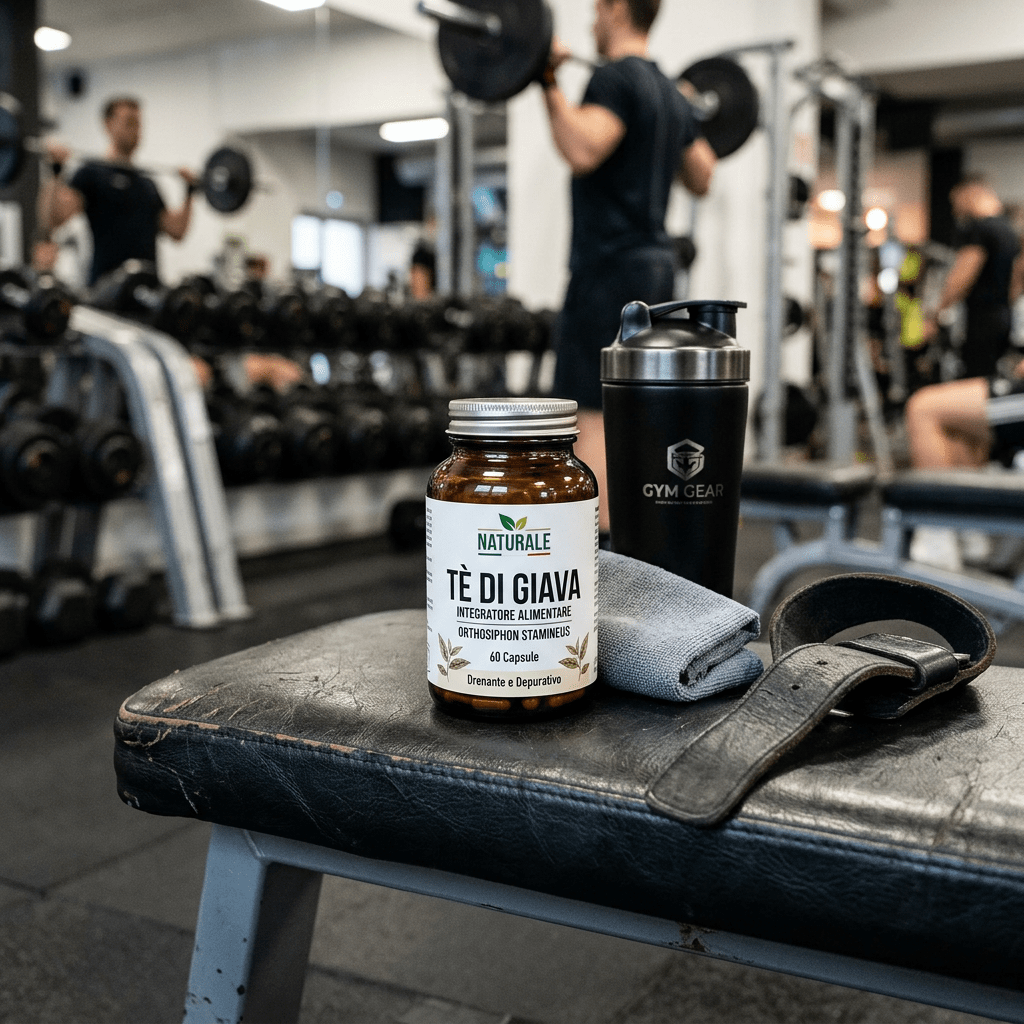 Naturale Tè di Giava integratore alimentare Orthosiphon stamineus, 60 capsule, drenante e depurativo, beside a Gym Gear shaker, towel, and lifting belt in a gym