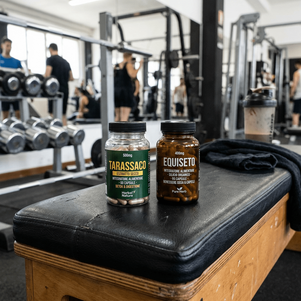 Bottles labeled 500mg TARASSACO and 400mg EQUISETO, herbal dietary supplements, in a gym