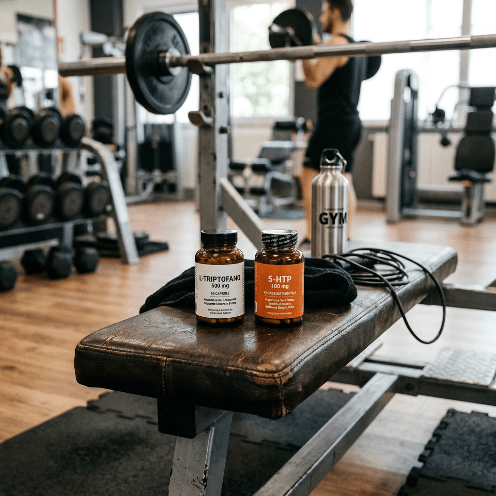 L-TRIPTOFANO 500 mg, 5-HTP 100 mg, and GYM bottles on a gym bench