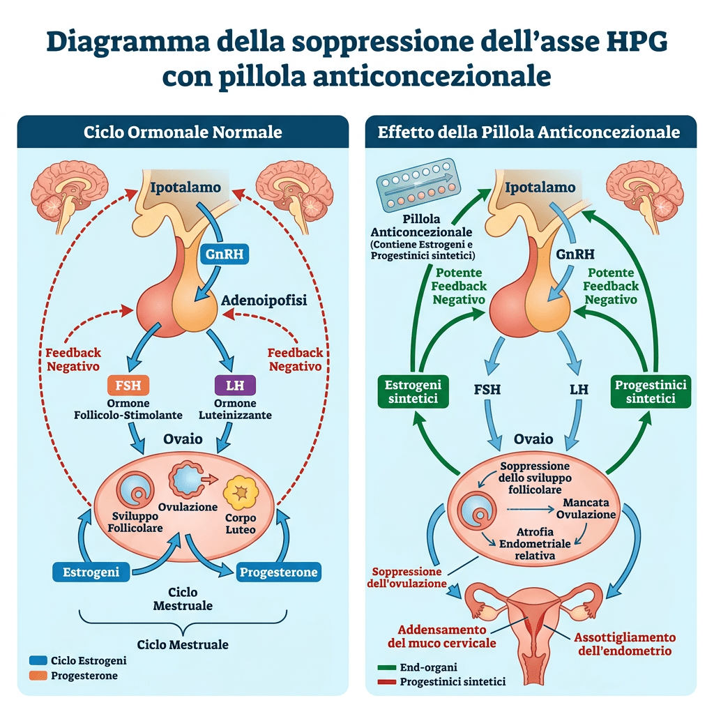 Diagramma in italiano sul ciclo ormonale normale e la soppressione dell’asse HPG con pillola anticoncezionale.