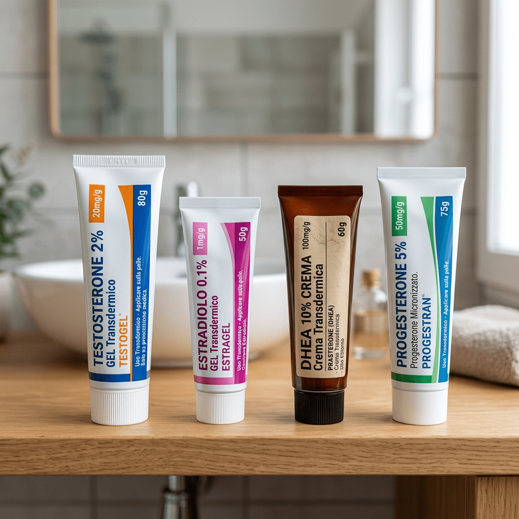 Four tubes labeled Testosterone 2%, Estradiol 0.1%, DHEA 10%, and Progesterone 5%.