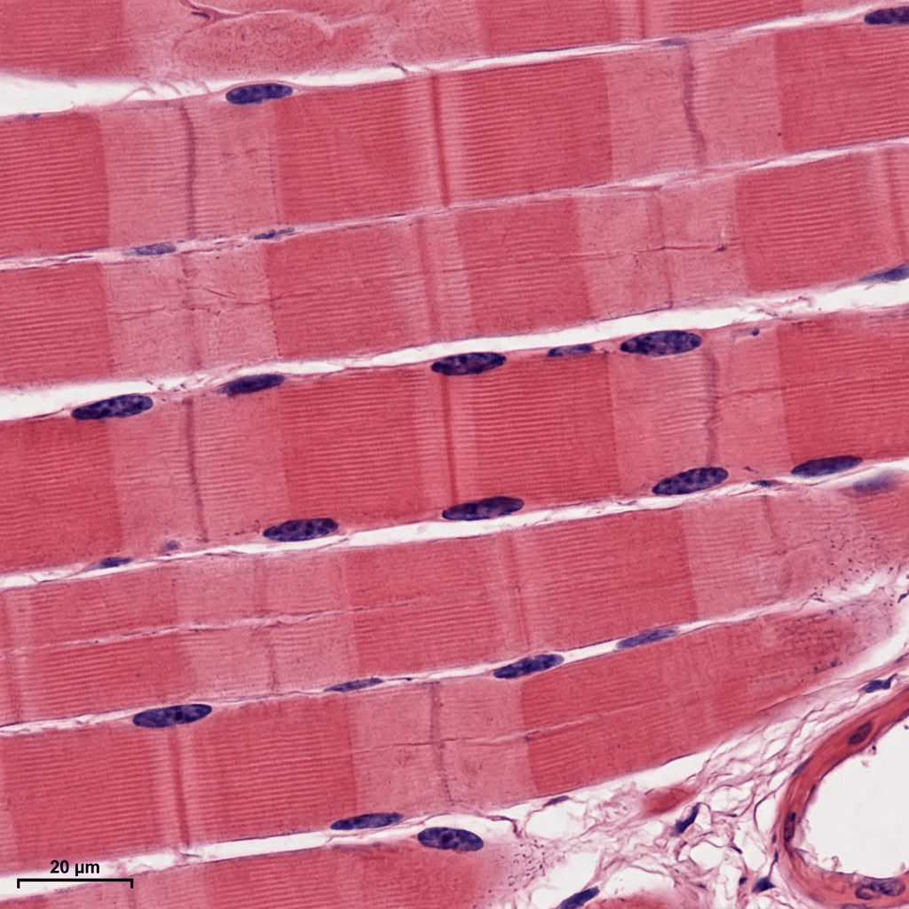Longitudinal skeletal muscle fibers with peripheral nuclei and 20 µm scale bar