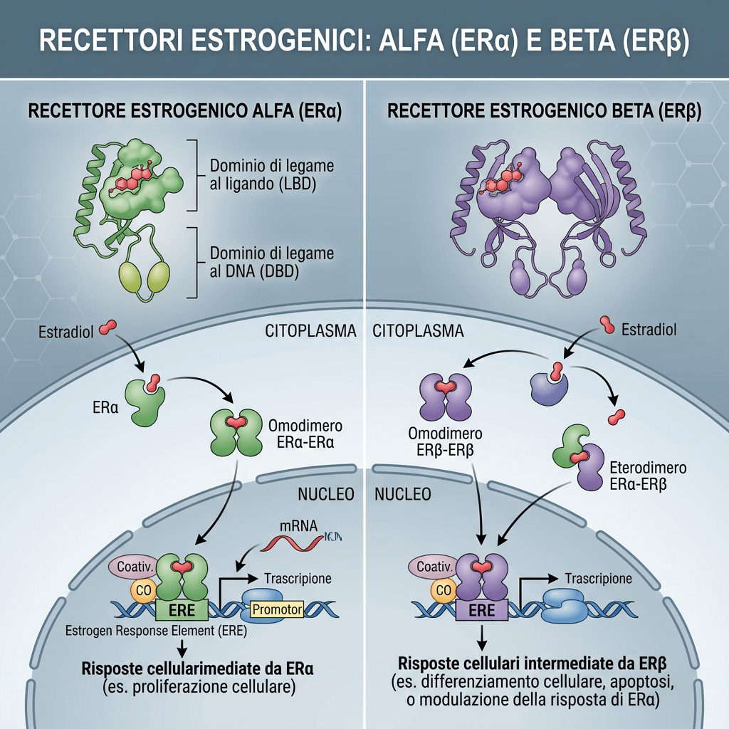 Schema comparativo dei recettori estrogenici ERα ed ERβ e delle loro risposte cellulari