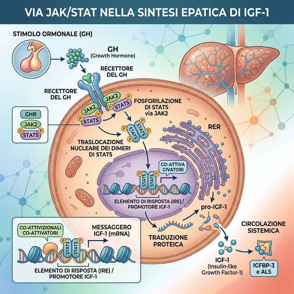 Diagram of GH-activated JAK2/STAT5 signaling driving hepatic IGF-1 production