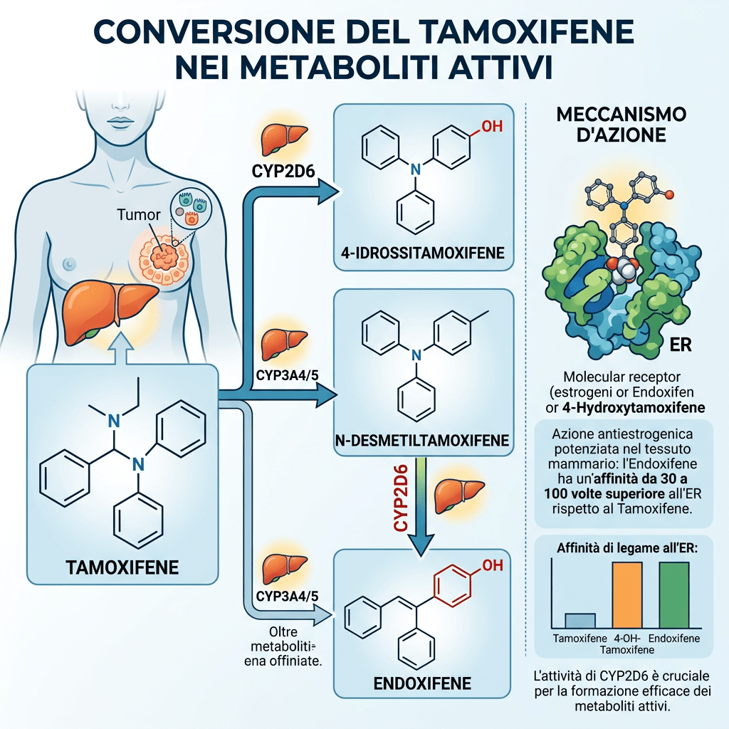 Infografica italiana sulla conversione del tamoxifene in metaboliti attivi