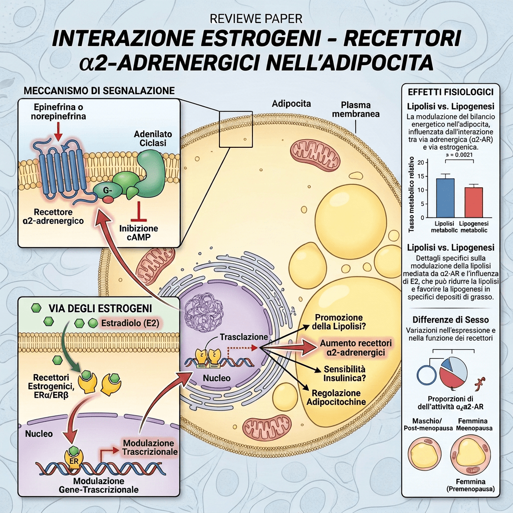 Review paper: interazione estrogeni–recettori α2-adrenergici nell’adipocita, con vie di segnalazione ed effetti fisiologici.