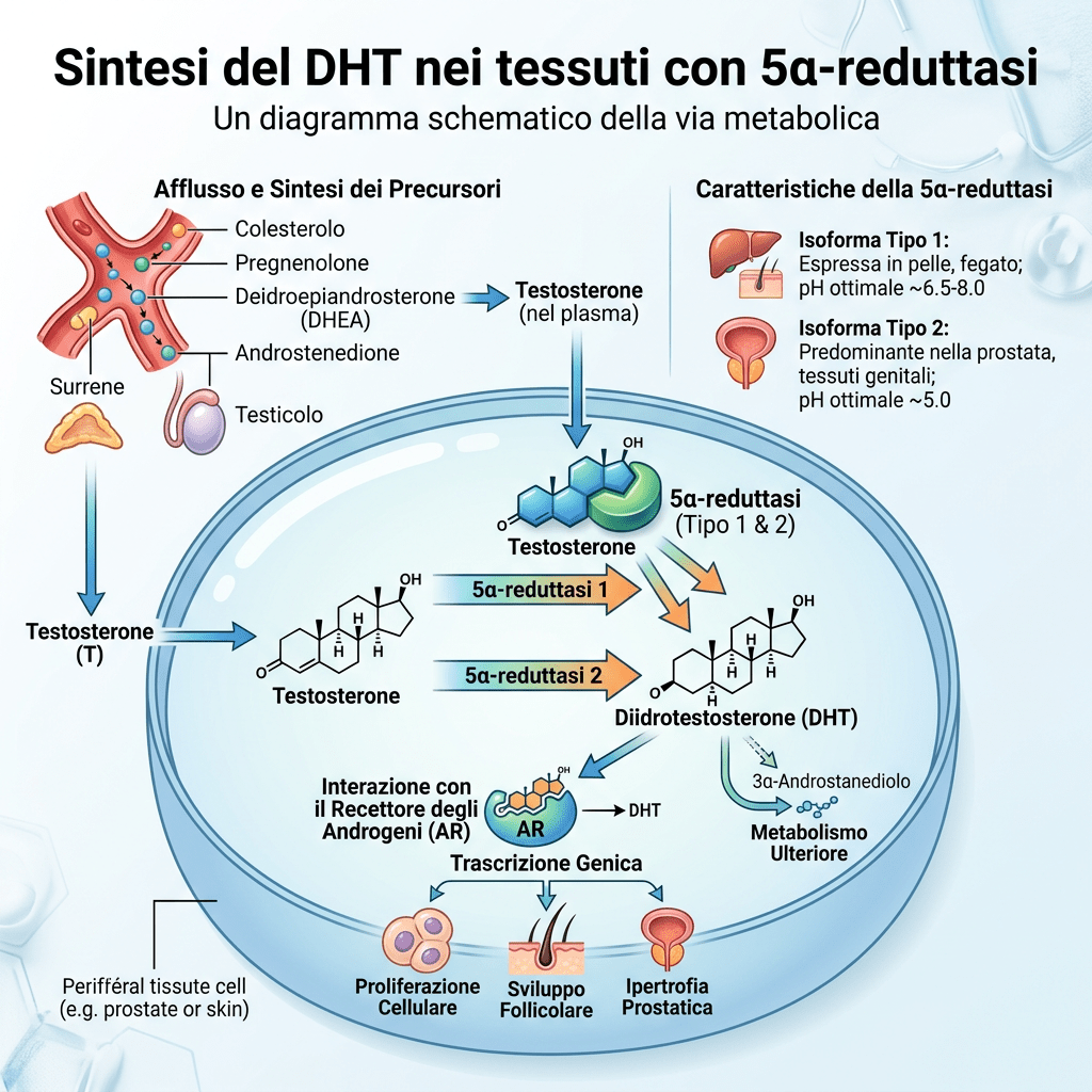 Schema della sintesi del DHT dal testosterone tramite 5α-reduttasi di tipo 1 e 2