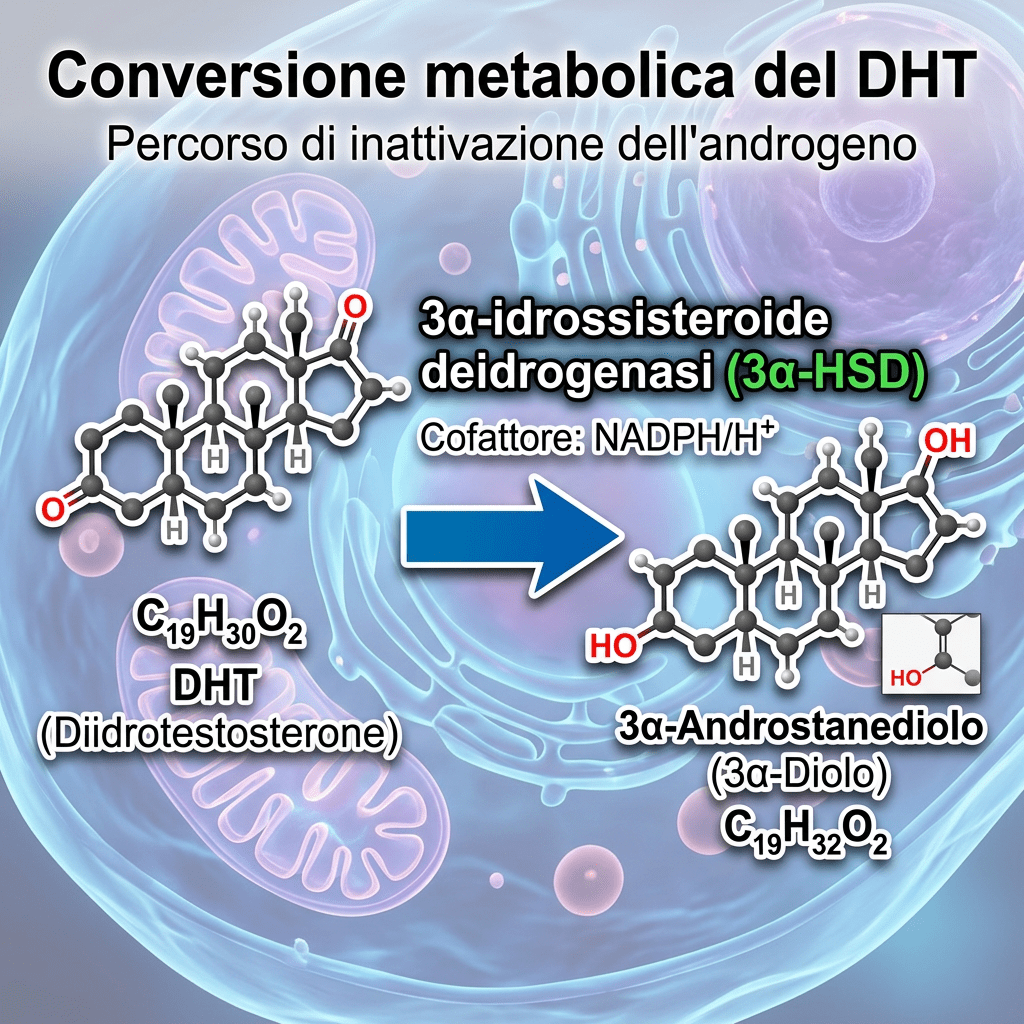 Conversione metabolica del DHT: DHT in 3α-androstanediolo tramite 3α-HSD, cofattore NADPH/H+