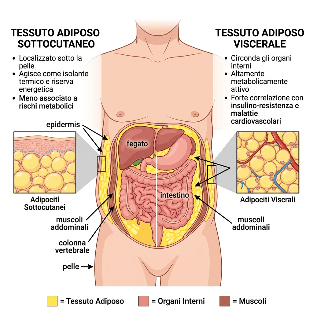 Diagramma anatomico del tessuto adiposo sottocutaneo e viscerale