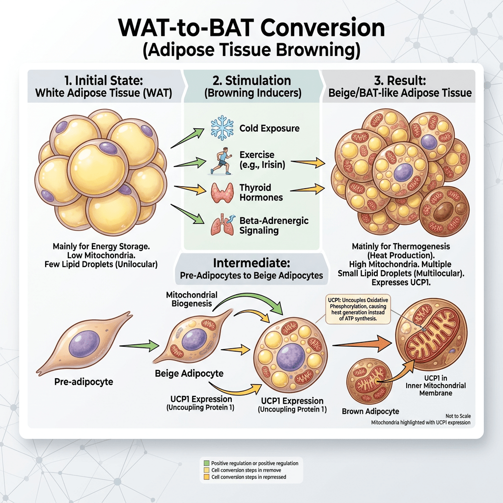 WAT-to-BAT Conversion (Adipose Tissue Browning): white adipose tissue stimulated by cold exposure, exercise, thyroid hormones, and beta-adrenergic signaling becomes beige or BAT-like adipose tissue through mitochondrial biogenesis and UCP1 expression.