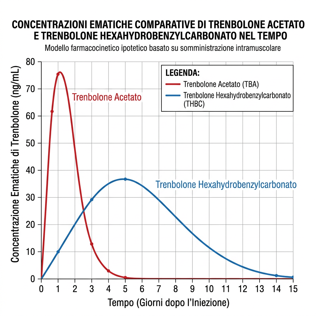Grafico delle concentrazioni nel tempo di trenbolone acetato e trenbolone esaidrobenzilcarbonato