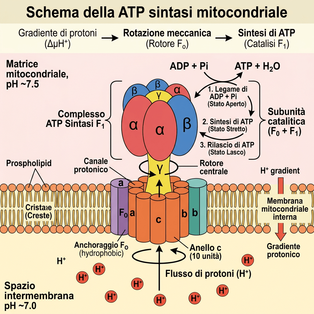 Schema dell’ATP sintasi mitocondriale: gradiente protonico, rotazione meccanica e sintesi di ATP