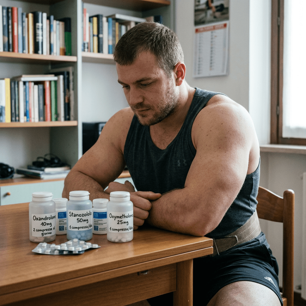 Man beside bottles labeled Oxandrolone 10mg, Stanozolo 50mg, and Oxymetholon 25mg, with tablets