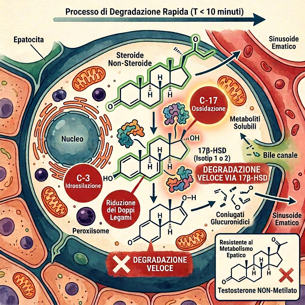 Infografica italiana sulla degradazione rapida degli steroidi non metilati negli epatociti, con ossidazione C-17, idrossilazione C-3 e coniugazione dei metaboliti; lo steroide metilato resiste al metabolismo epatico.