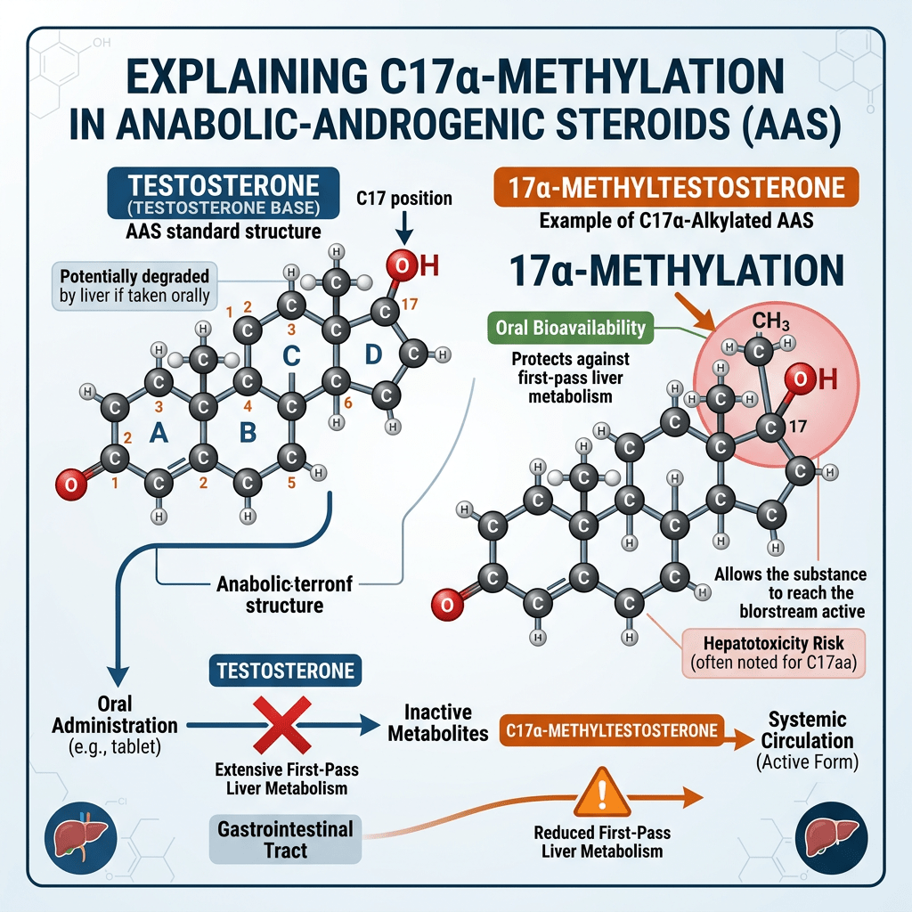 Infographic explaining C17α-methylation in anabolic-androgenic steroids, comparing testosterone with 17α-methyltestosterone and oral bioavailability.
