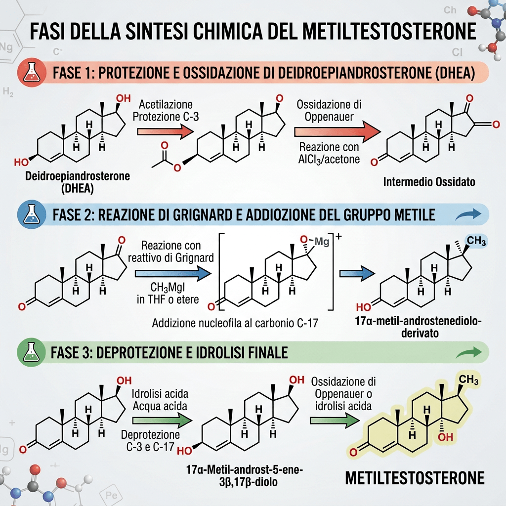 Schema in tre fasi della sintesi chimica del metiltestosterone dal DHEA
