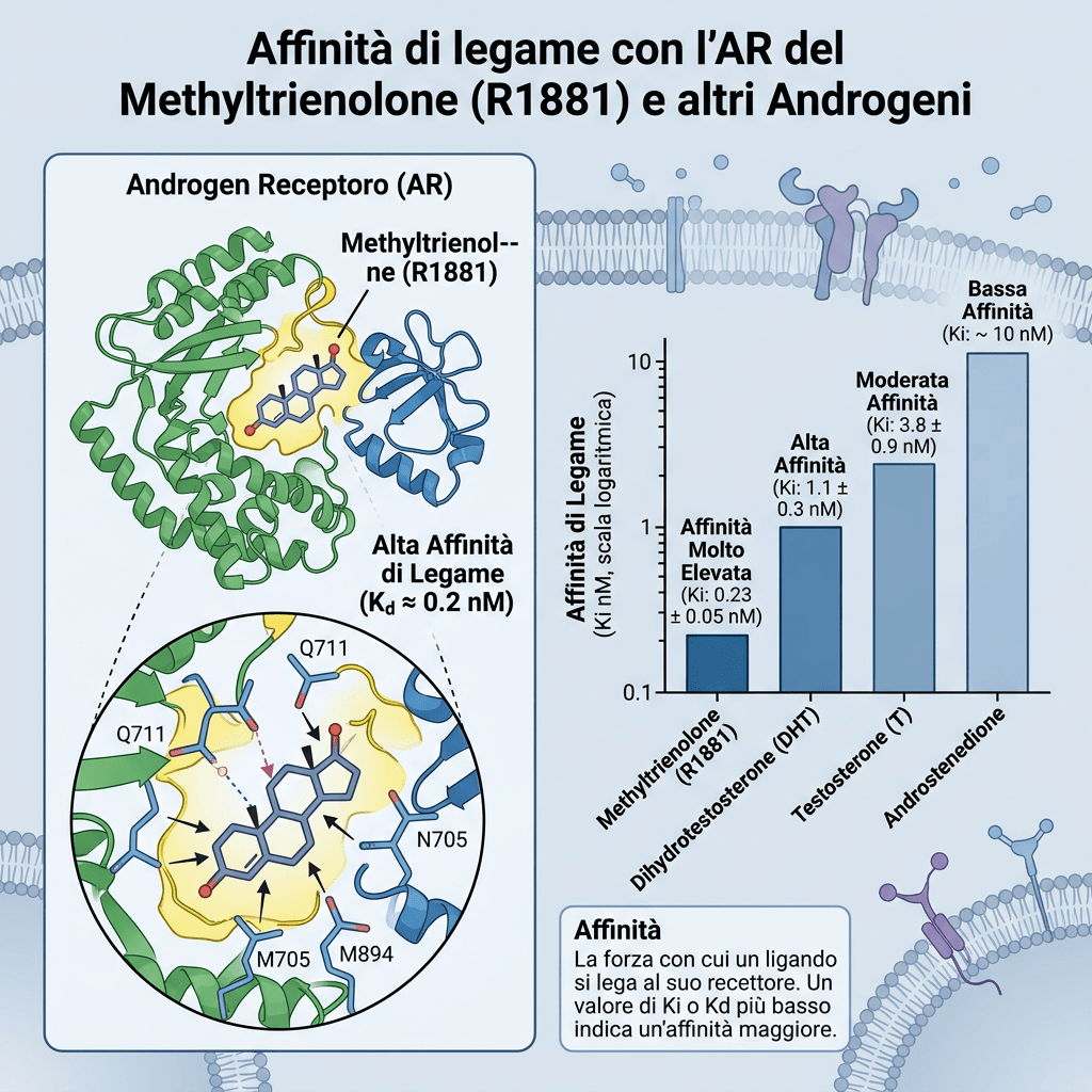 Infografica in italiano sull'affinità di legame con il recettore degli androgeni: il metyltrienolone R1881 ha affinità molto elevata, seguito da DHT, testosterone e androstenedione.