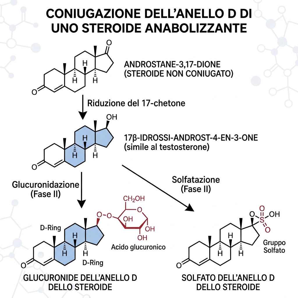 Schema in italiano della coniugazione dell’anello D di uno steroide anabolizzante, con glucuronide e solfato
