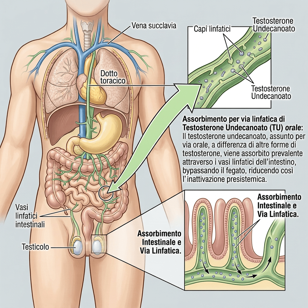 Diagramma anatomico dell'assorbimento linfatico del testosterone undecanoato da testicolo ed epididimo