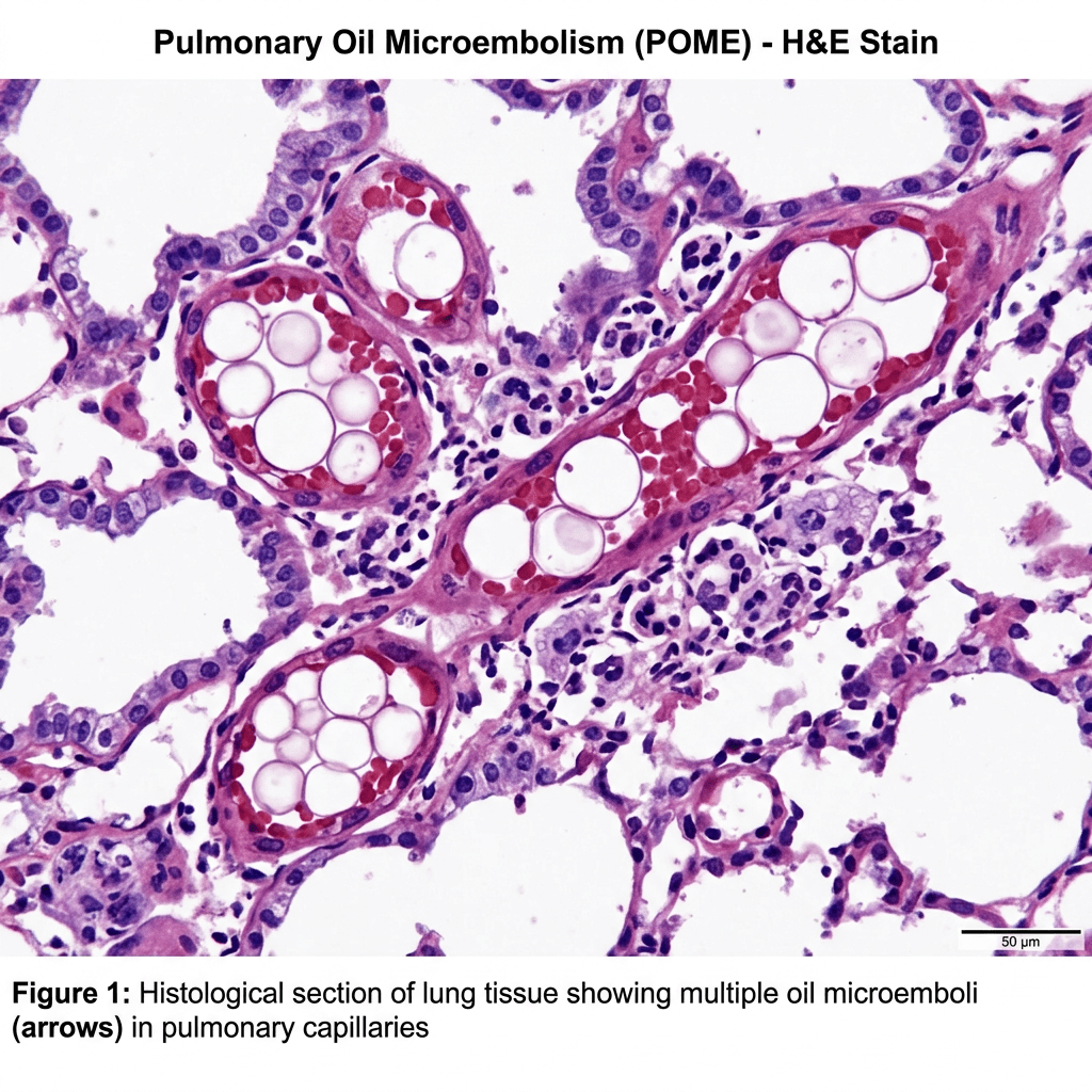 H&E-stained lung tissue showing multiple oil microemboli in pulmonary capillaries