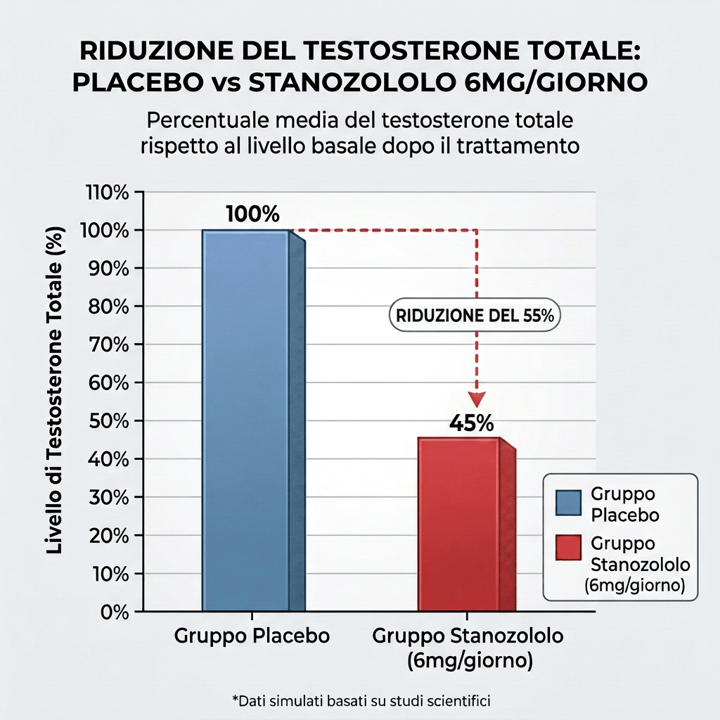 Chart showing testosterone at 100% with placebo and 45% with stanozolol, a 55% reduction
