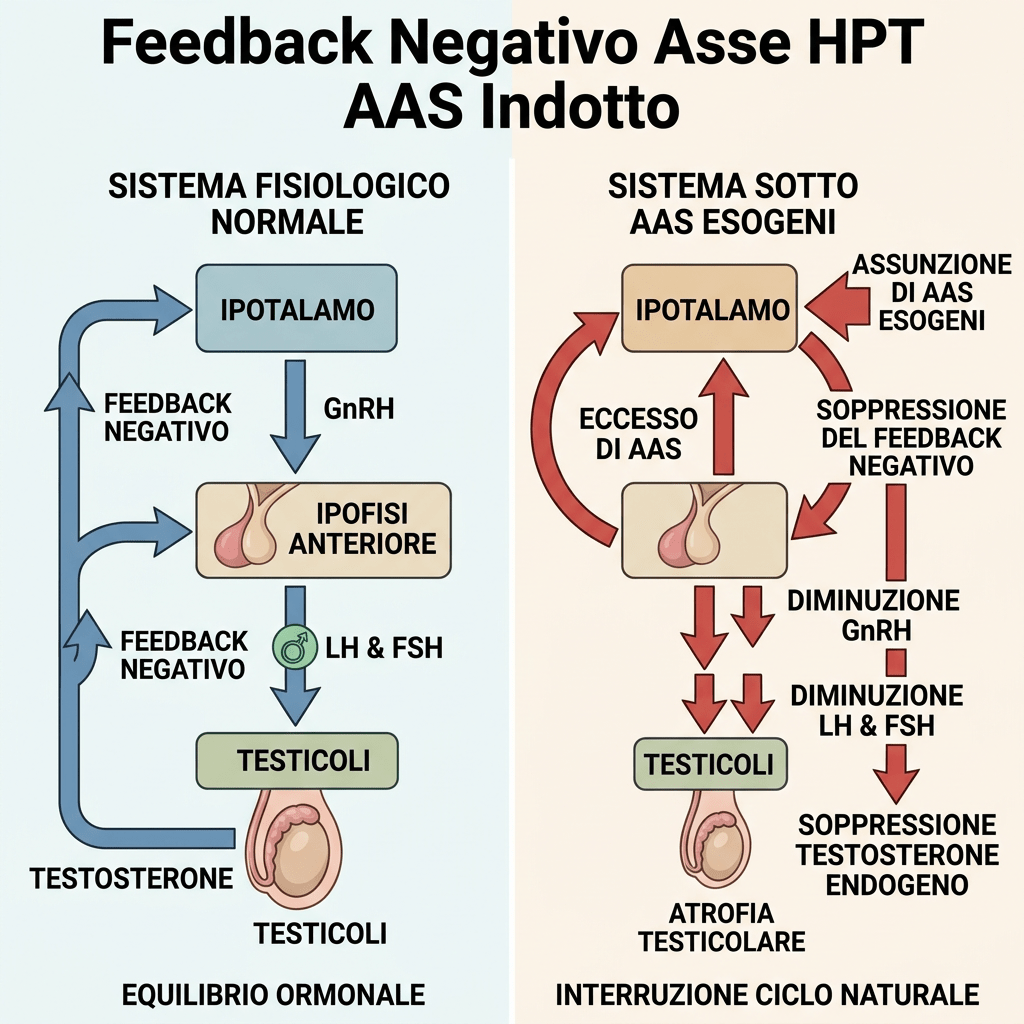 Feedback Negativo Asse HPT AAS Indotto; sistema fisiologico normale: ipotalamo, GnRH, ipofisi anteriore, LH e FSH, testicoli, testosterone, equilibrio ormonale; sistema sotto AAS esogeni: assunzione di AAS esogeni, soppressione del feedback negativo, diminuzione GnRH, diminuzione LH e FSH, soppressione testosterone endogeno, atrofia testicolare, interruzione ciclo naturale.