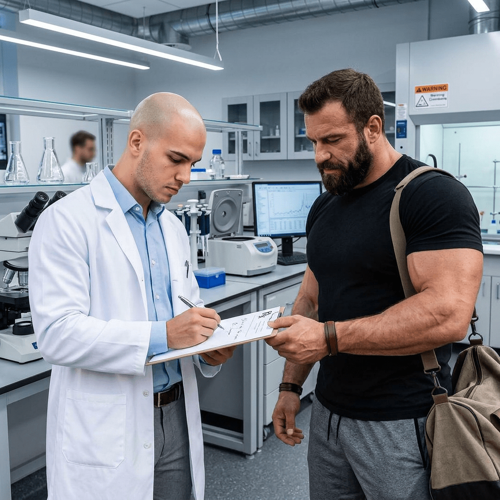Healthcare professional writing on a form while speaking with a man outdoors